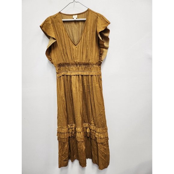 Roan + Ryan Womens Talulah BOHO Midi Dress Small Mustard Yellow Ruffled V-Neck - Picture 2 of 12